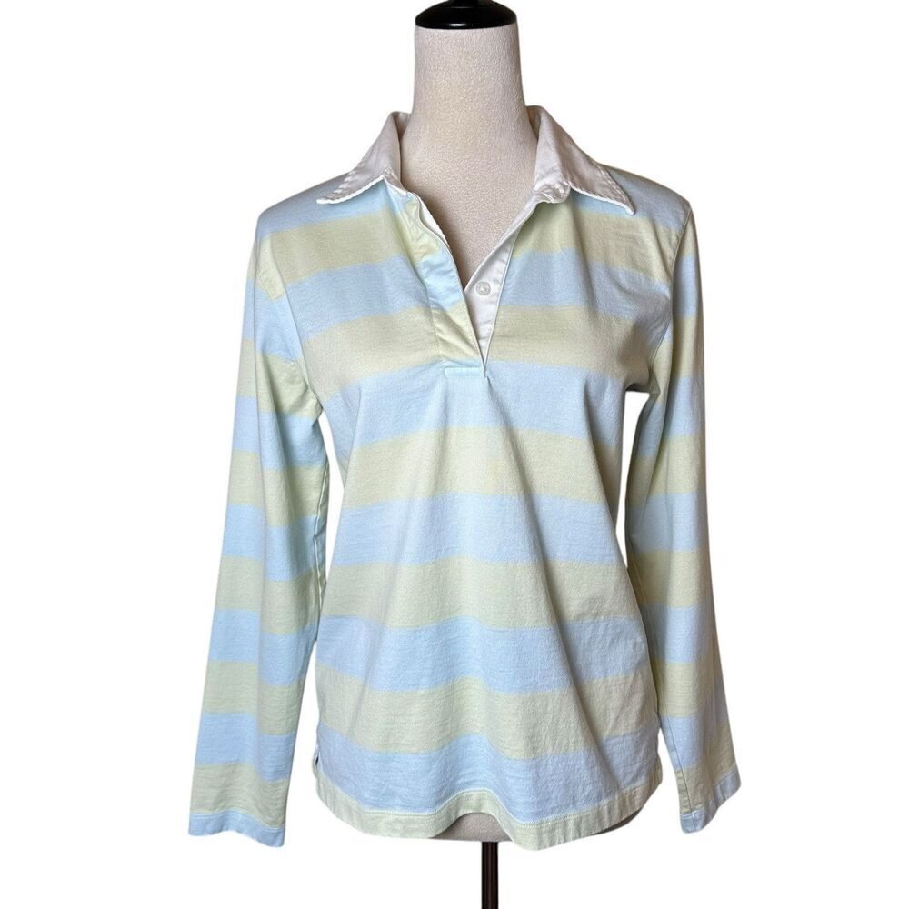 Vintage Talbots Rugby Polo Cotton Striped Shirt Pastel Mint Green Blue Y2K Retro